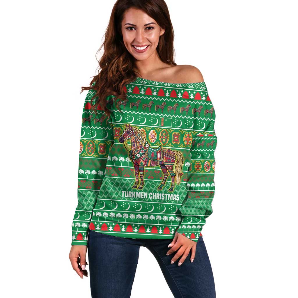 Turkmenistan Christmas Off Shoulder Sweater with Decorated Horse Crescent Moon Pattern and Traditional Carpet - Wonder Print Shop
