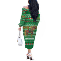 Turkmenistan Christmas Off The Shoulder Long Sleeve Dress with Decorated Horse Crescent Moon Pattern and Traditional Carpet - Wonder Print Shop