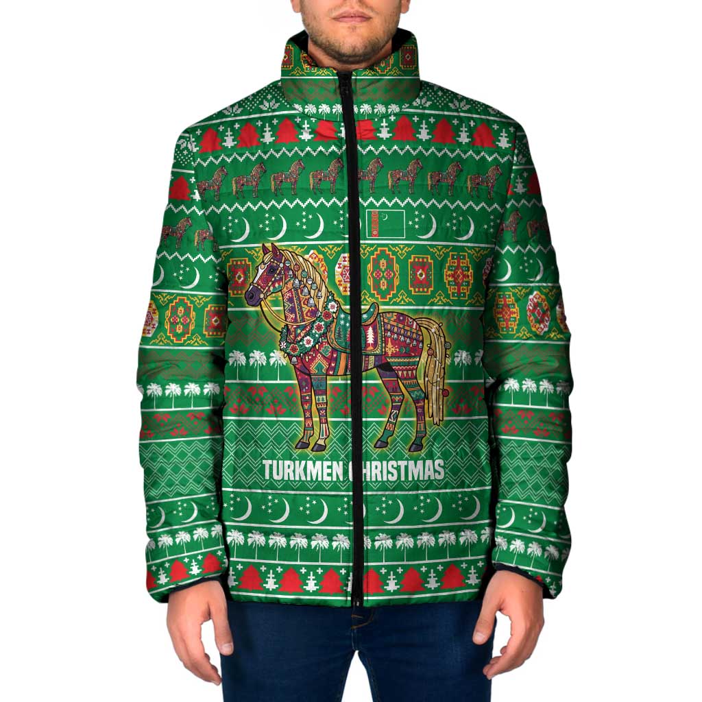 Turkmenistan Christmas Padded Jacket with Decorated Horse Crescent Moon Pattern and Traditional Carpet - Wonder Print Shop