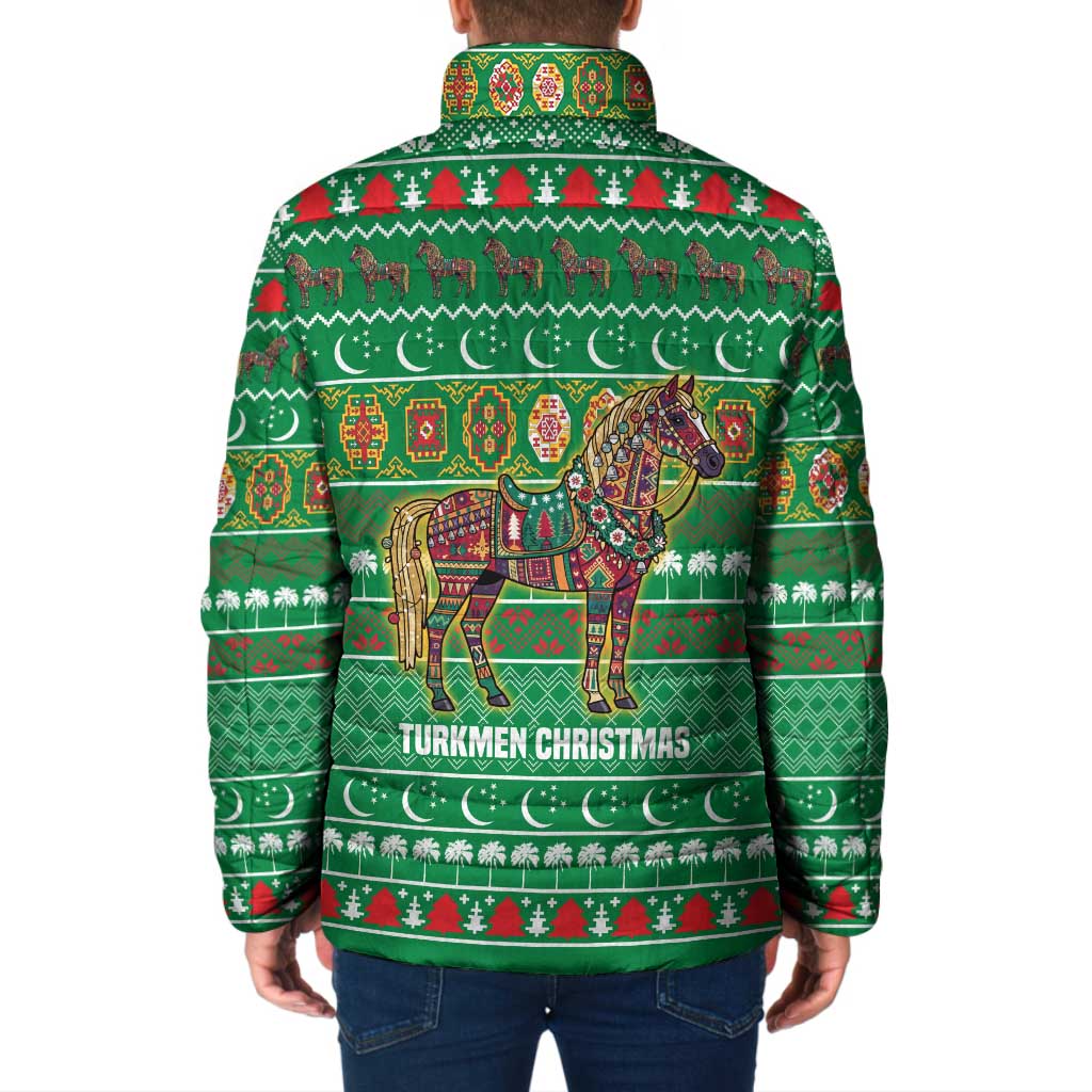 Turkmenistan Christmas Padded Jacket with Decorated Horse Crescent Moon Pattern and Traditional Carpet - Wonder Print Shop