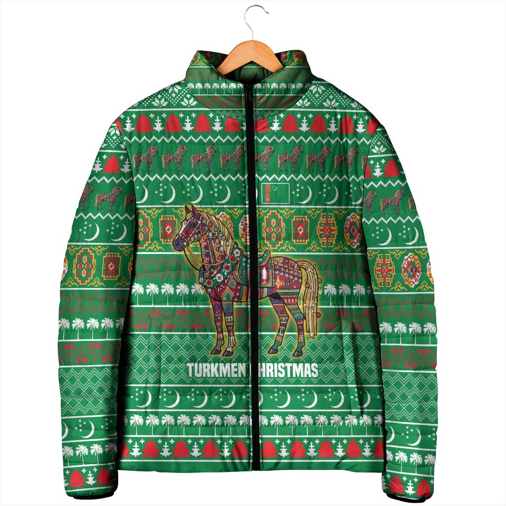 Turkmenistan Christmas Padded Jacket with Decorated Horse Crescent Moon Pattern and Traditional Carpet - Wonder Print Shop