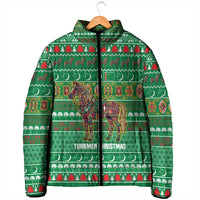 Turkmenistan Christmas Padded Jacket with Decorated Horse Crescent Moon Pattern and Traditional Carpet - Wonder Print Shop