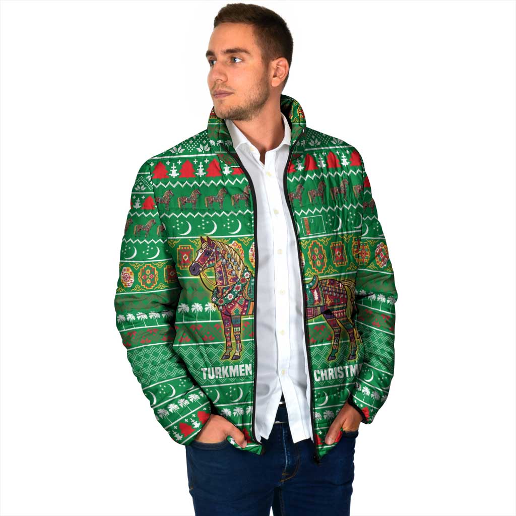 Turkmenistan Christmas Padded Jacket with Decorated Horse Crescent Moon Pattern and Traditional Carpet - Wonder Print Shop