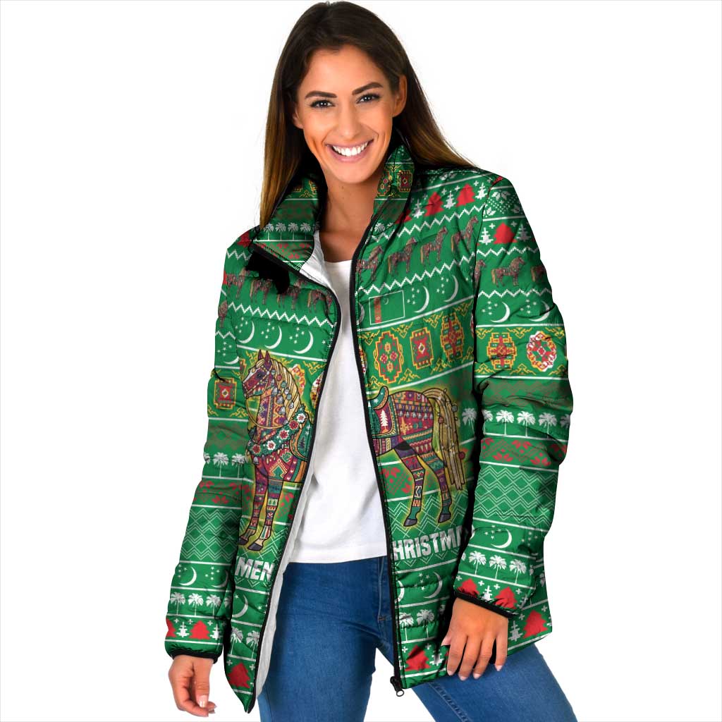 Turkmenistan Christmas Padded Jacket with Decorated Horse Crescent Moon Pattern and Traditional Carpet - Wonder Print Shop