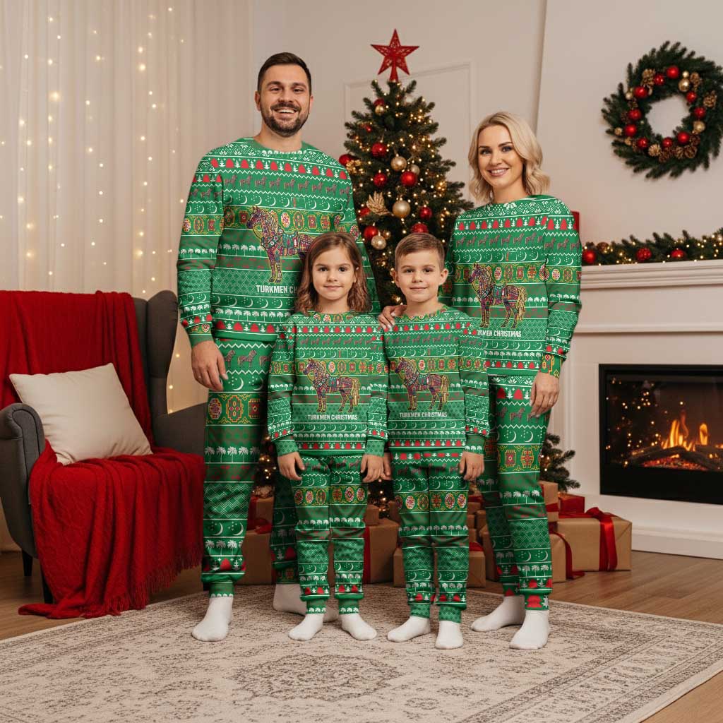 Turkmenistan Christmas Pajama Set with Decorated Horse Crescent Moon Pattern and Traditional Carpet - Wonder Print Shop