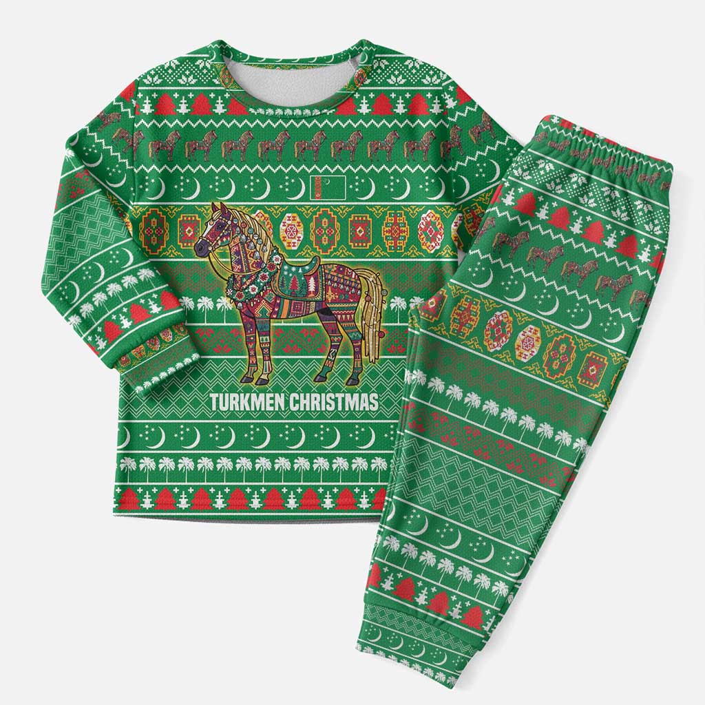 Turkmenistan Christmas Pajama Set with Decorated Horse Crescent Moon Pattern and Traditional Carpet - Wonder Print Shop
