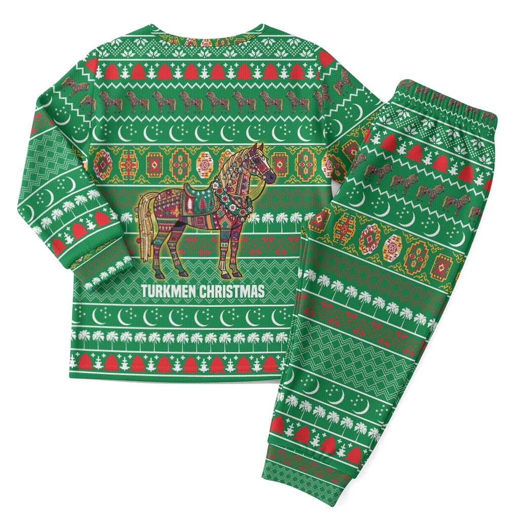 Turkmenistan Christmas Pajama Set with Decorated Horse Crescent Moon Pattern and Traditional Carpet - Wonder Print Shop