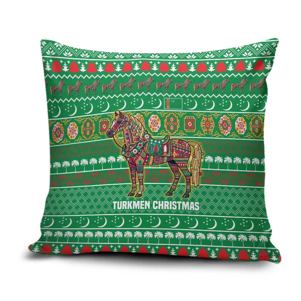 Turkmenistan Christmas Pillow Cover with Decorated Horse Crescent Moon Pattern and Traditional Carpet - Wonder Print Shop