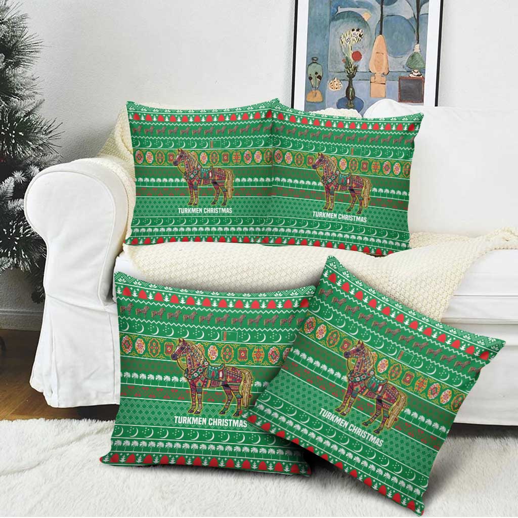 Turkmenistan Christmas Pillow Cover with Decorated Horse Crescent Moon Pattern and Traditional Carpet - Wonder Print Shop
