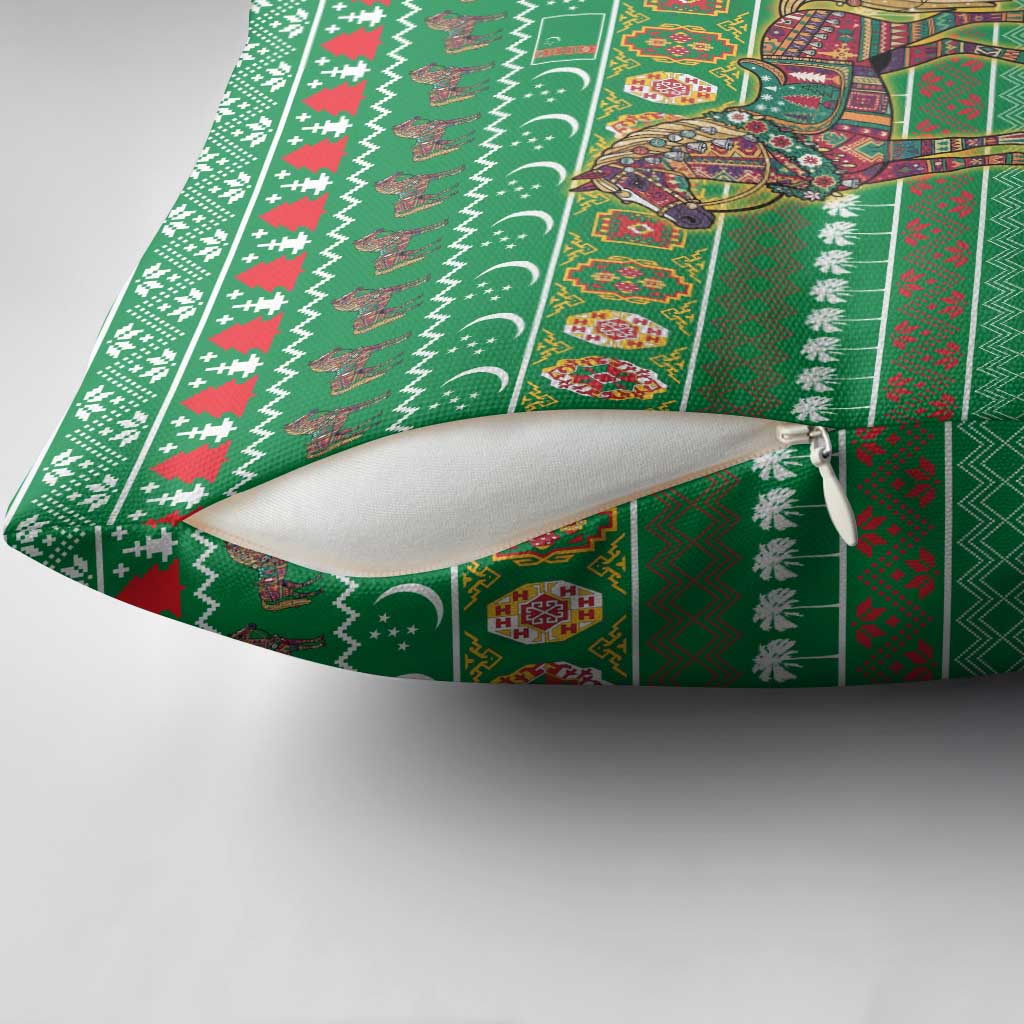 Turkmenistan Christmas Pillow Cover with Decorated Horse Crescent Moon Pattern and Traditional Carpet - Wonder Print Shop