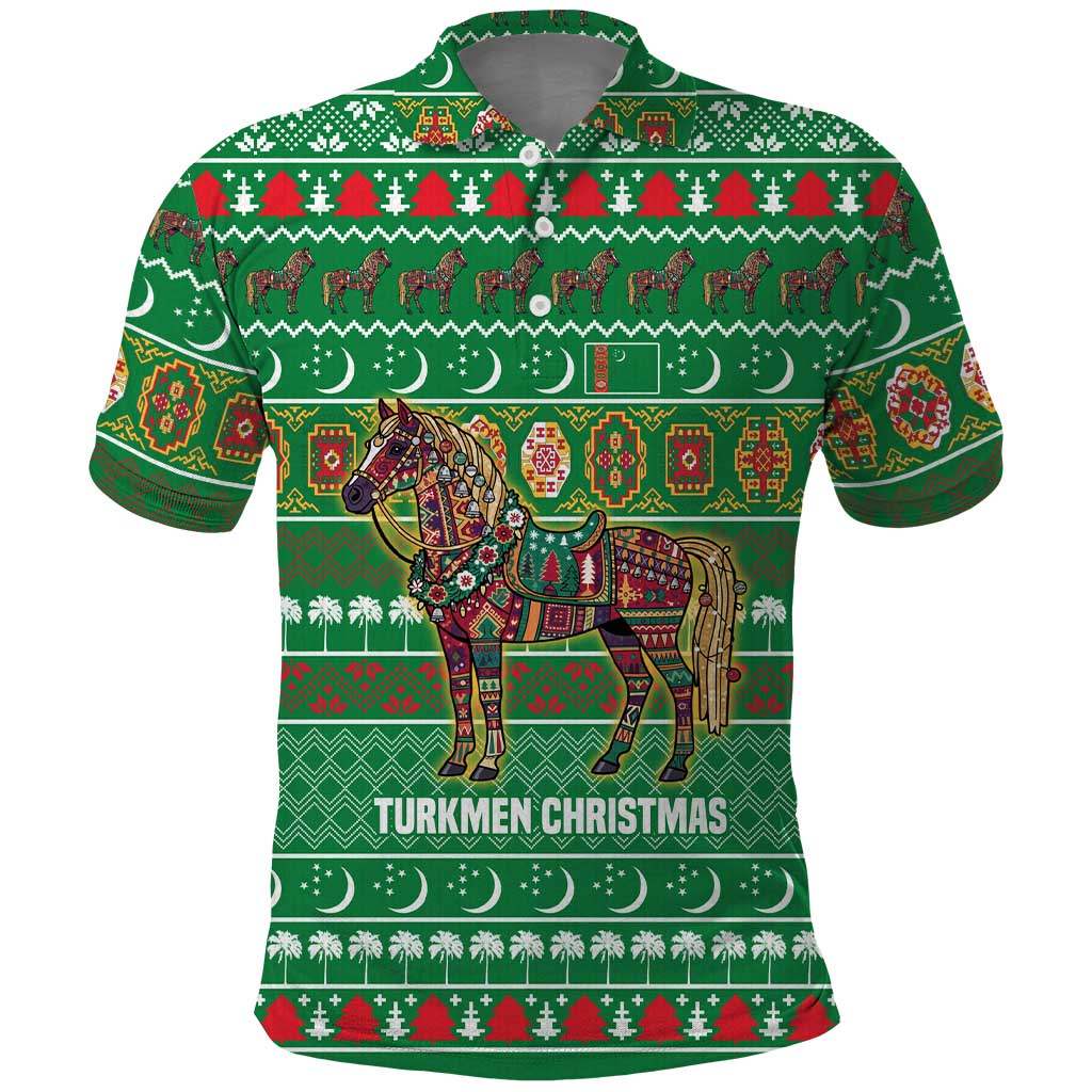 Turkmenistan Christmas Polo Shirt with Decorated Horse Crescent Moon Pattern and Traditional Carpet - Wonder Print Shop