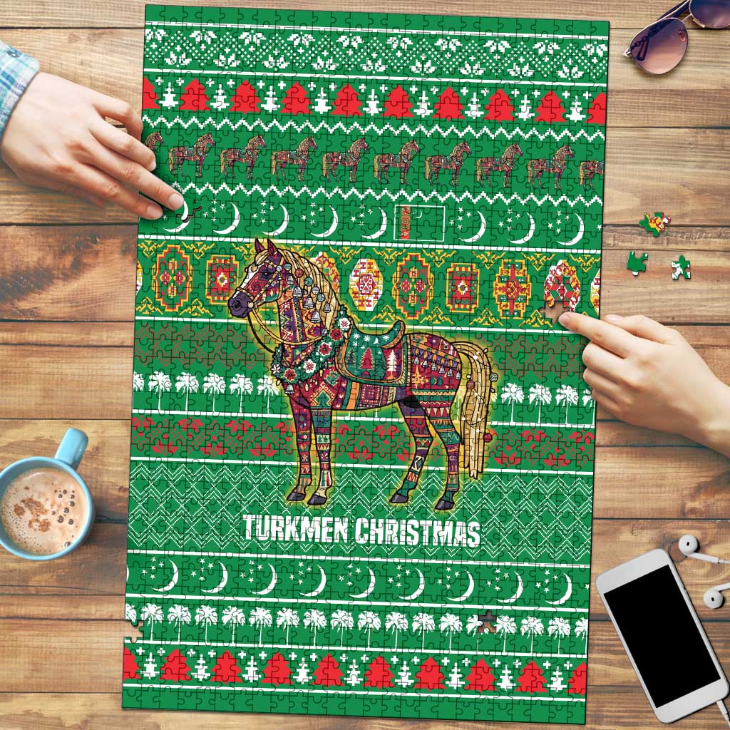 Turkmenistan Christmas Puzzle with Decorated Horse Crescent Moon Pattern and Traditional Carpet - Wonder Print Shop