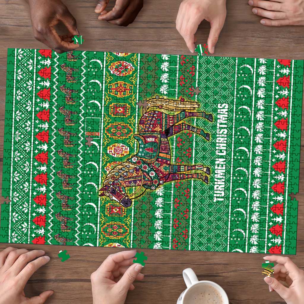Turkmenistan Christmas Puzzle with Decorated Horse Crescent Moon Pattern and Traditional Carpet - Wonder Print Shop