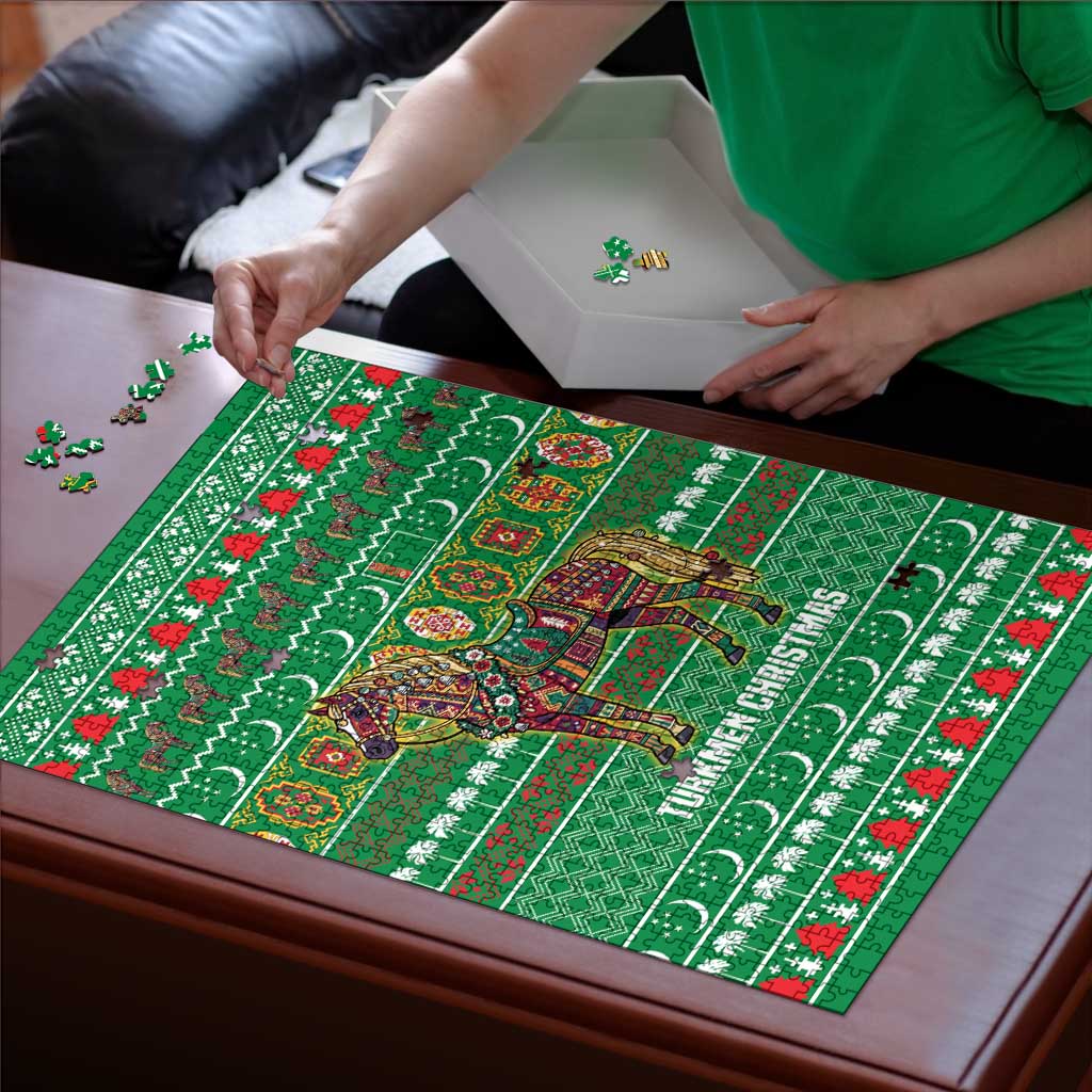 Turkmenistan Christmas Puzzle with Decorated Horse Crescent Moon Pattern and Traditional Carpet - Wonder Print Shop