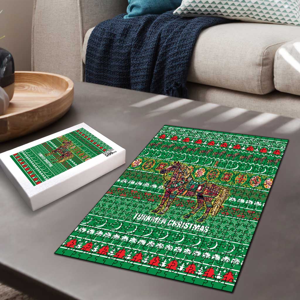 Turkmenistan Christmas Puzzle with Decorated Horse Crescent Moon Pattern and Traditional Carpet - Wonder Print Shop
