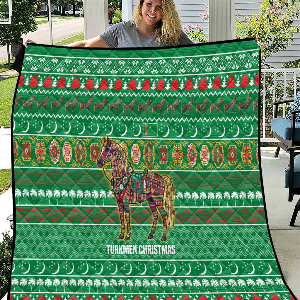 Turkmenistan Christmas Quilt with Decorated Horse Crescent Moon Pattern and Traditional Carpet - Wonder Print Shop
