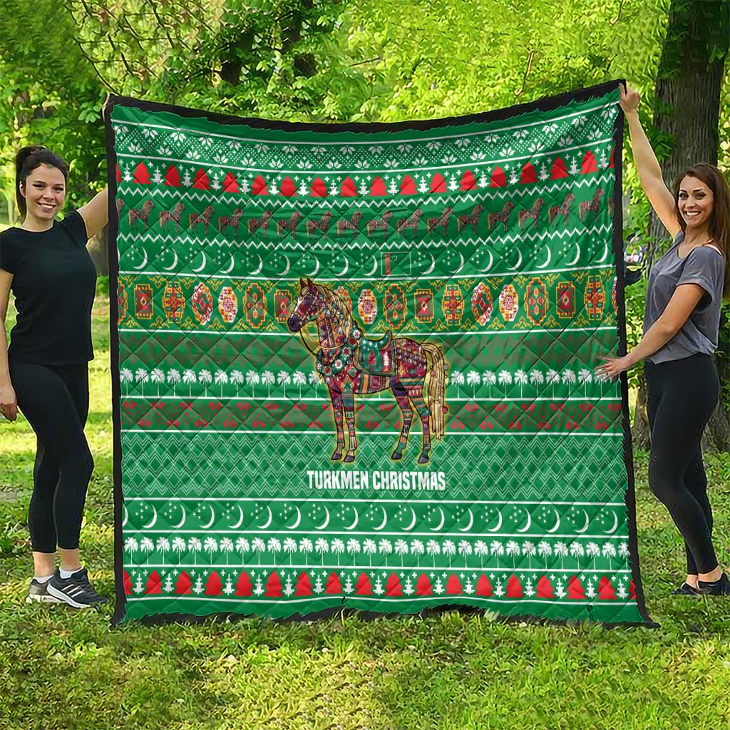 Turkmenistan Christmas Quilt with Decorated Horse Crescent Moon Pattern and Traditional Carpet - Wonder Print Shop