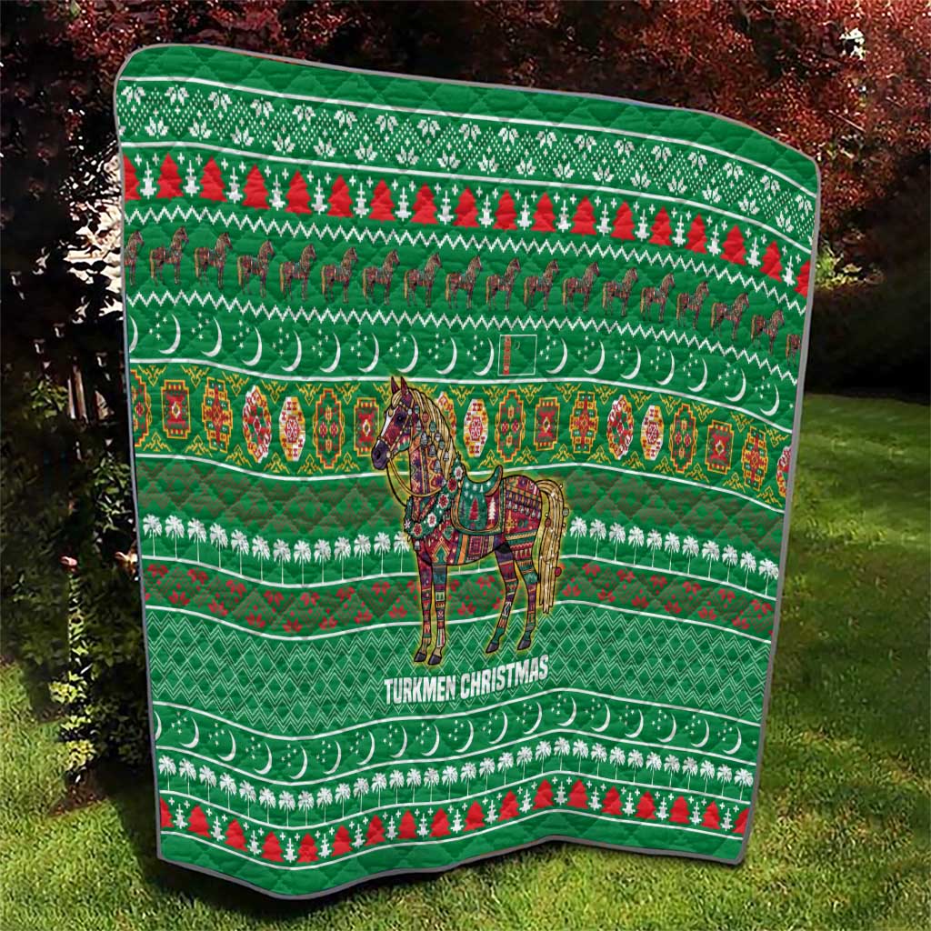 Turkmenistan Christmas Quilt with Decorated Horse Crescent Moon Pattern and Traditional Carpet - Wonder Print Shop