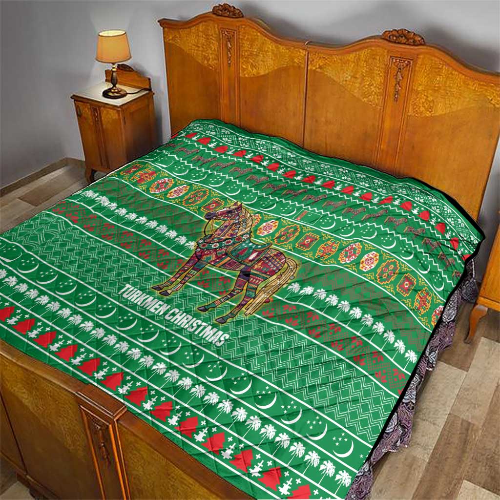 Turkmenistan Christmas Quilt with Decorated Horse Crescent Moon Pattern and Traditional Carpet - Wonder Print Shop