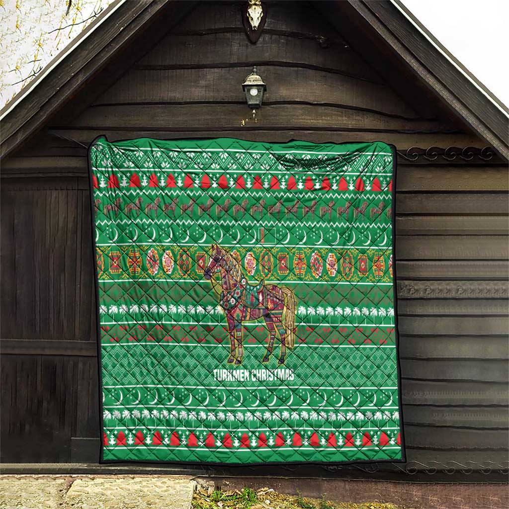 Turkmenistan Christmas Quilt with Decorated Horse Crescent Moon Pattern and Traditional Carpet - Wonder Print Shop