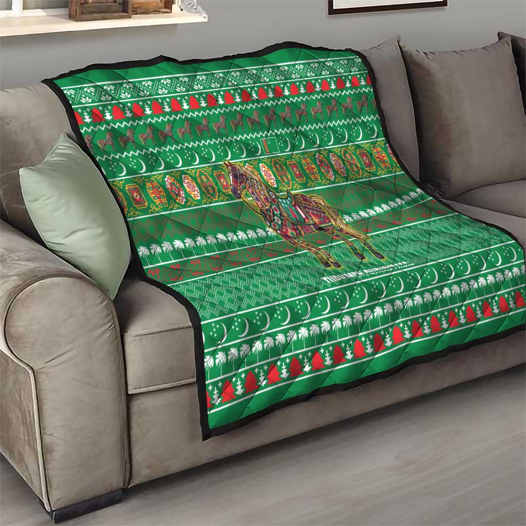 Turkmenistan Christmas Quilt with Decorated Horse Crescent Moon Pattern and Traditional Carpet - Wonder Print Shop