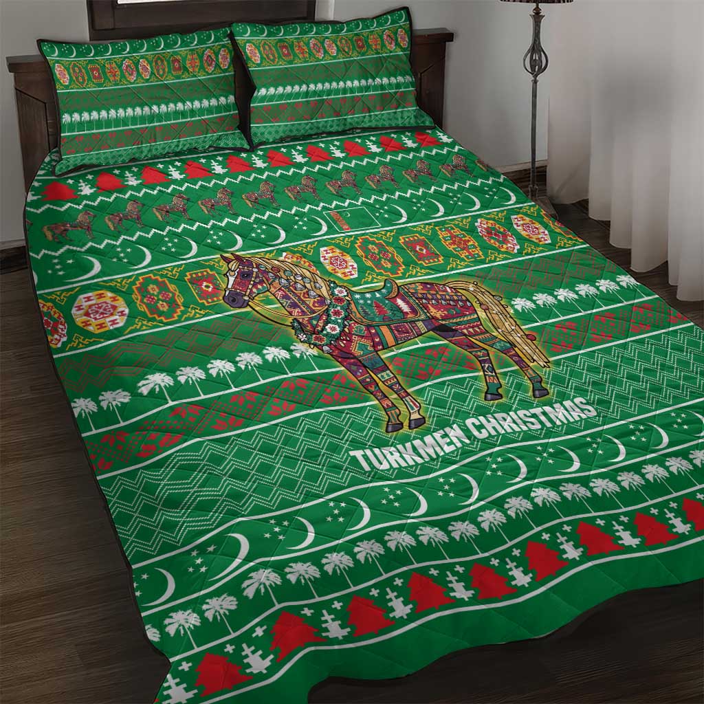 Turkmenistan Christmas Quilt Bed Set with Decorated Horse Crescent Moon Pattern and Traditional Carpet - Wonder Print Shop
