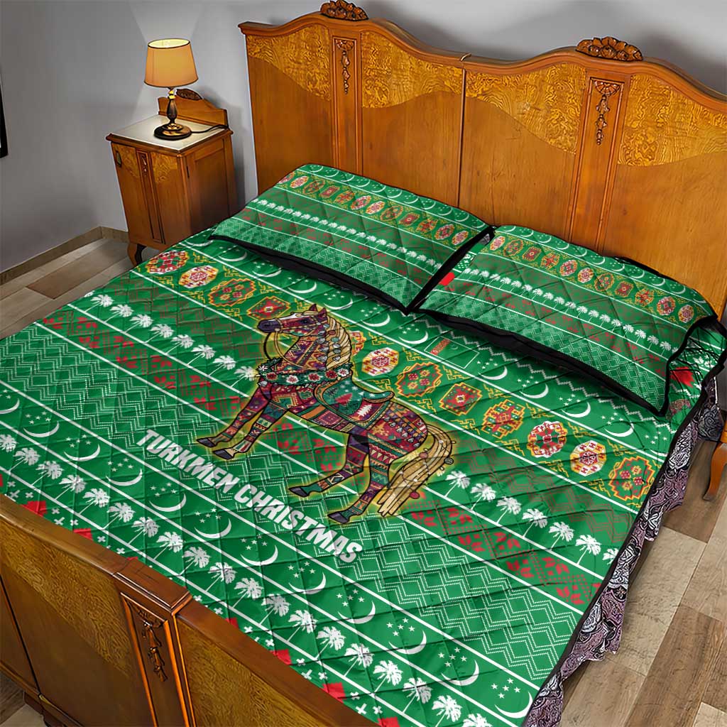 Turkmenistan Christmas Quilt Bed Set with Decorated Horse Crescent Moon Pattern and Traditional Carpet - Wonder Print Shop