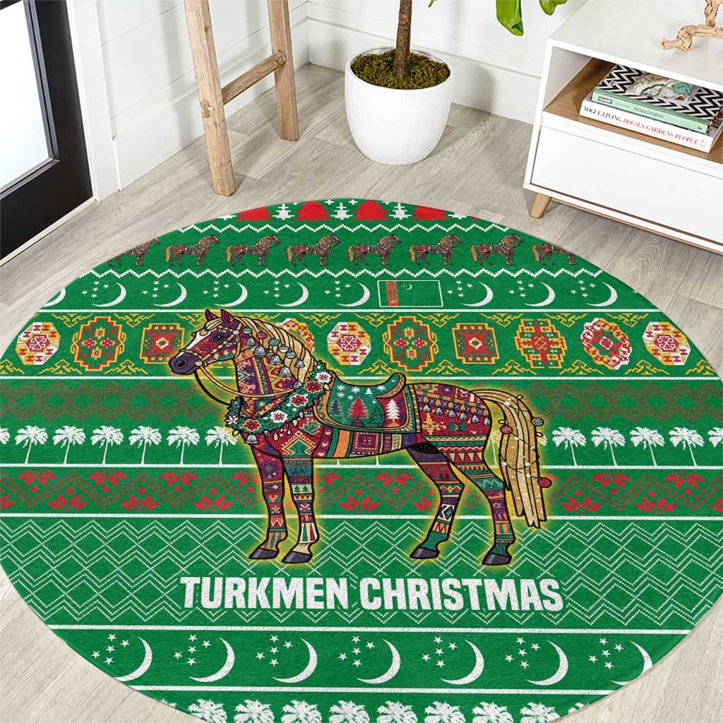Turkmenistan Christmas Round Carpet with Decorated Horse Crescent Moon Pattern and Traditional Carpet - Wonder Print Shop