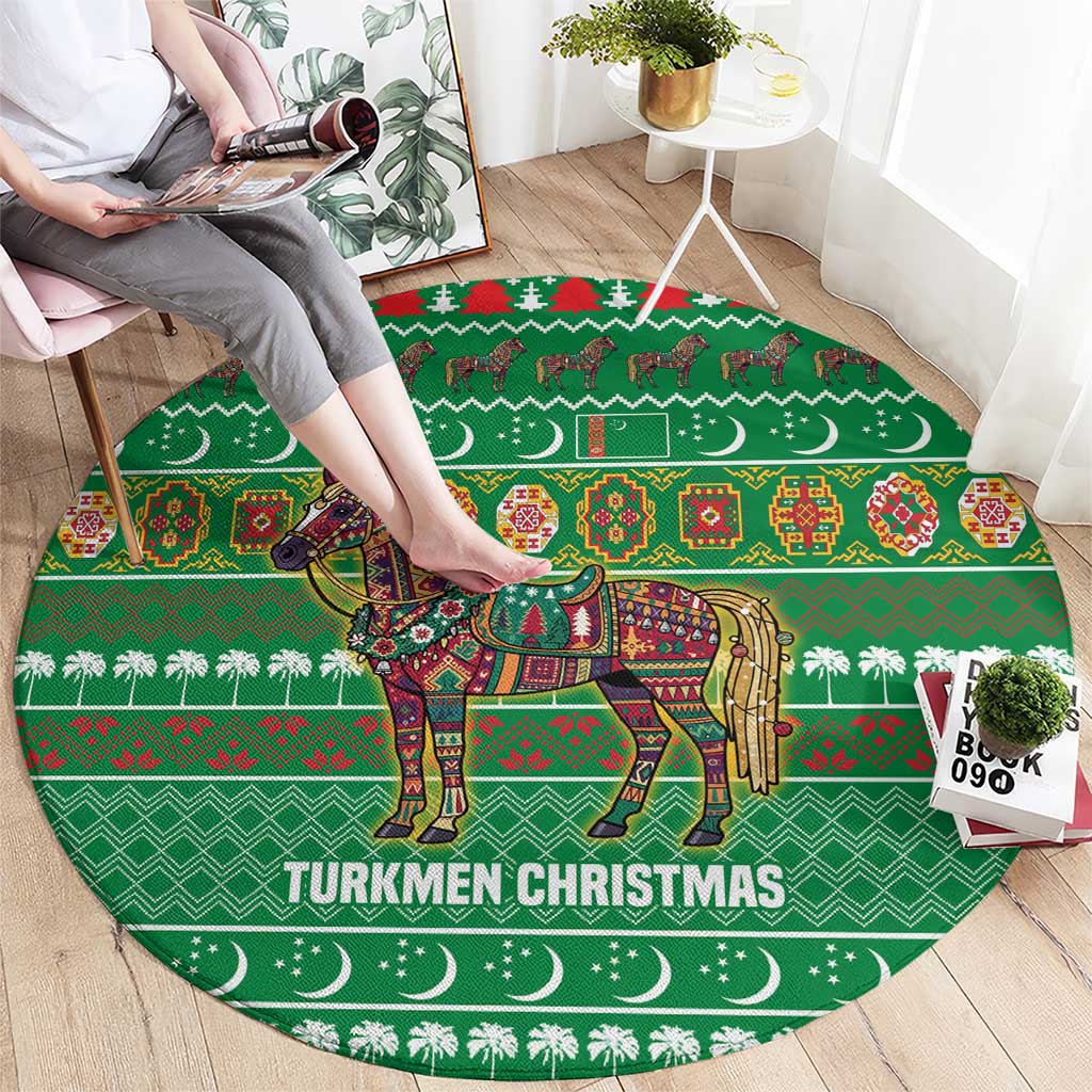 Turkmenistan Christmas Round Carpet with Decorated Horse Crescent Moon Pattern and Traditional Carpet - Wonder Print Shop