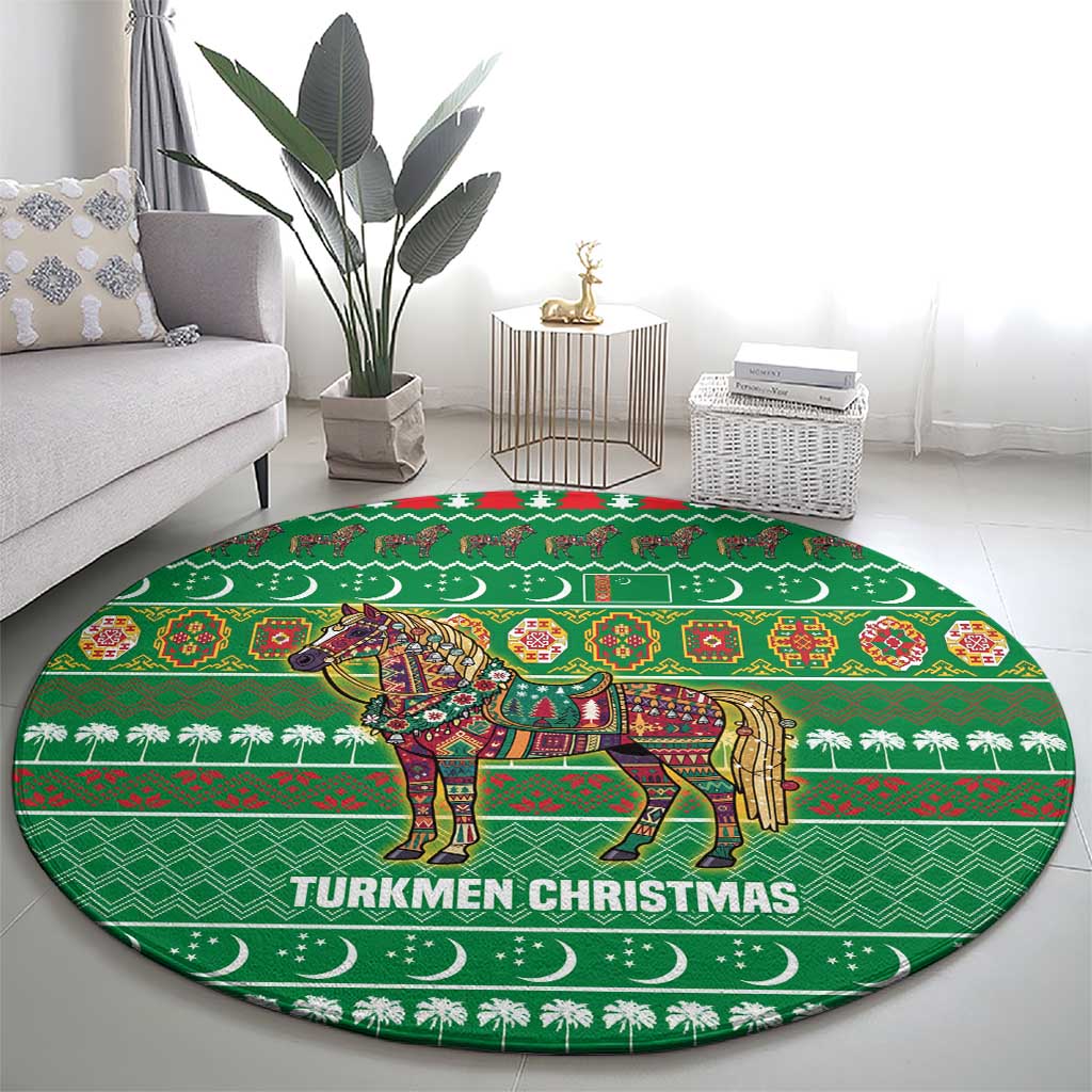 Turkmenistan Christmas Round Carpet with Decorated Horse Crescent Moon Pattern and Traditional Carpet - Wonder Print Shop