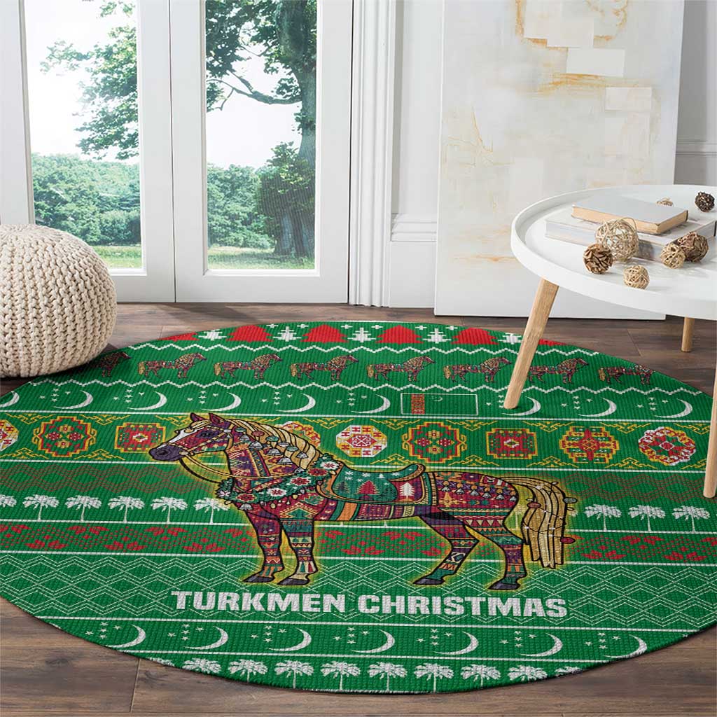 Turkmenistan Christmas Round Carpet with Decorated Horse Crescent Moon Pattern and Traditional Carpet - Wonder Print Shop