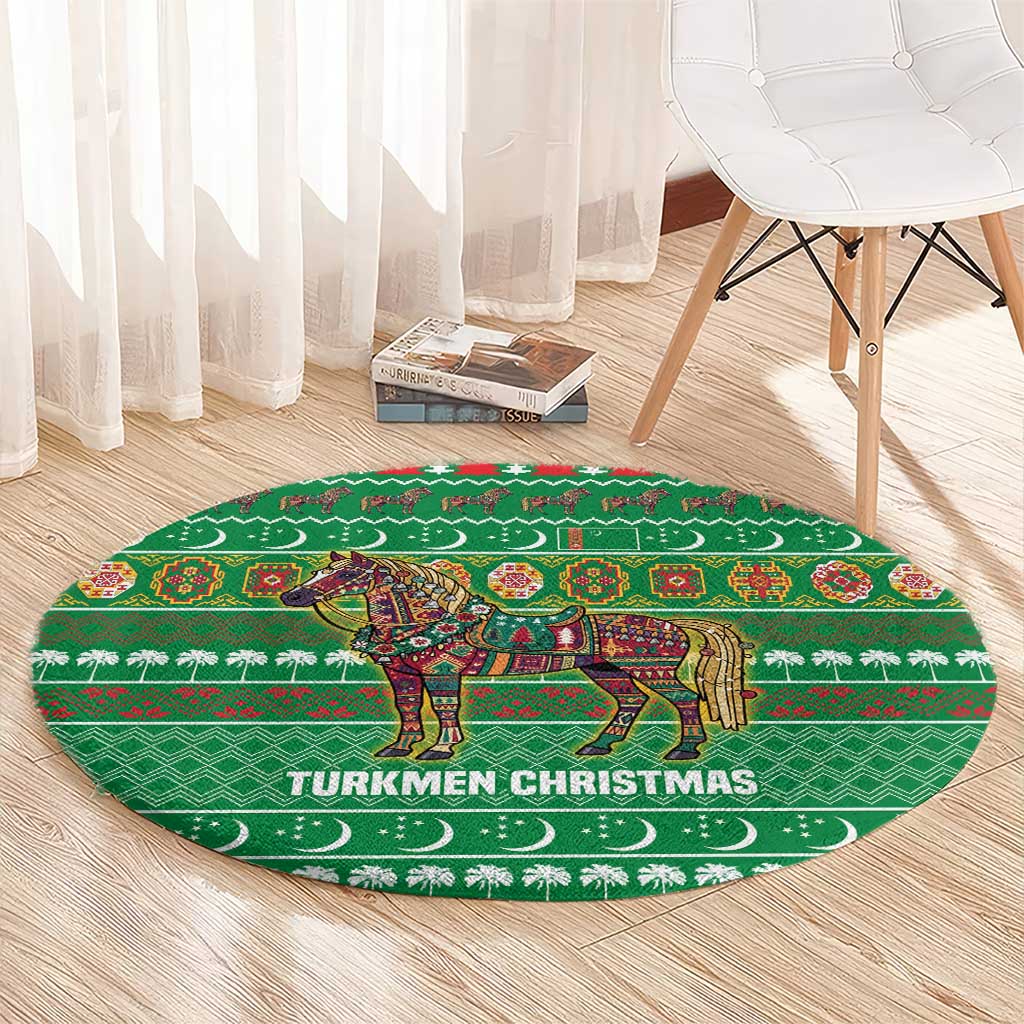 Turkmenistan Christmas Round Carpet with Decorated Horse Crescent Moon Pattern and Traditional Carpet - Wonder Print Shop