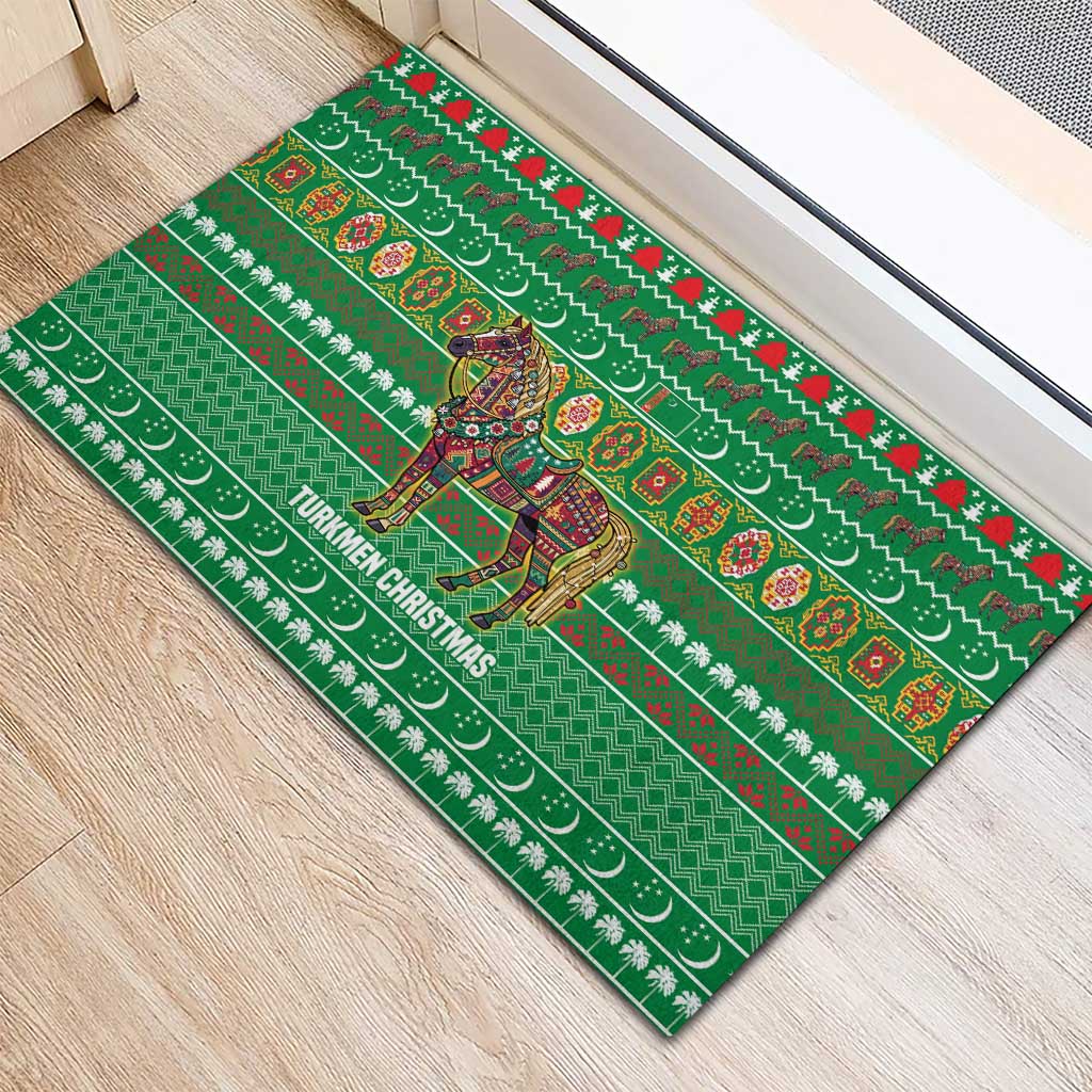 Turkmenistan Christmas Rubber Doormat with Decorated Horse Crescent Moon Pattern and Traditional Carpet - Wonder Print Shop