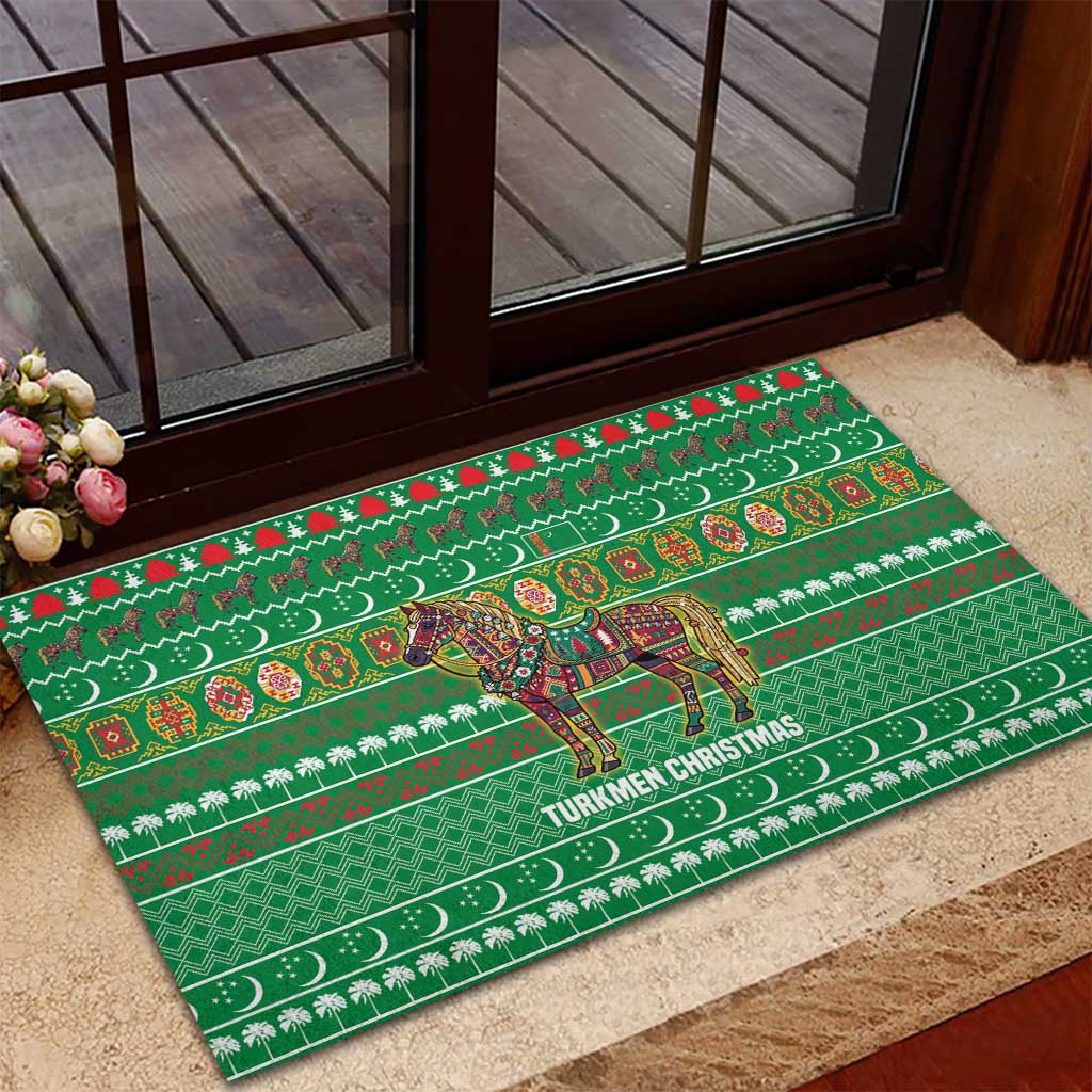 Turkmenistan Christmas Rubber Doormat with Decorated Horse Crescent Moon Pattern and Traditional Carpet - Wonder Print Shop