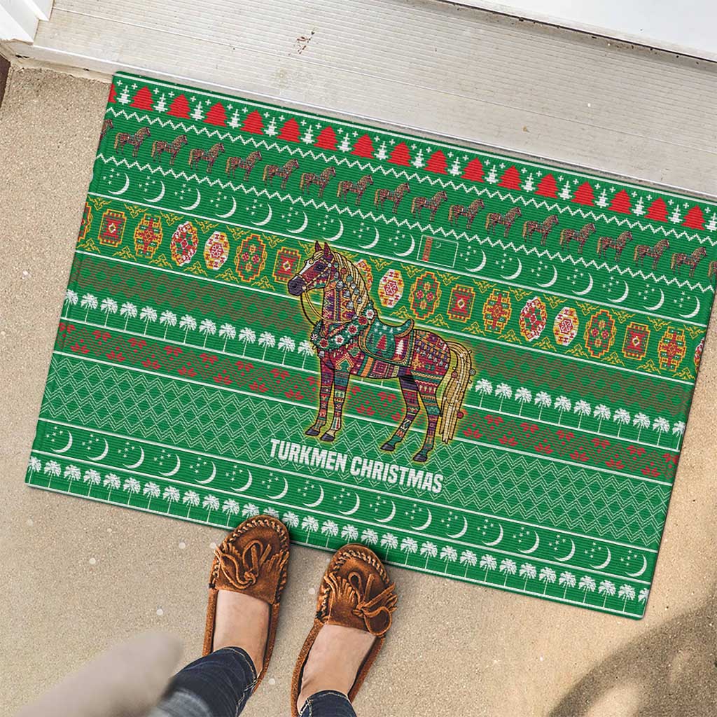 Turkmenistan Christmas Rubber Doormat with Decorated Horse Crescent Moon Pattern and Traditional Carpet - Wonder Print Shop