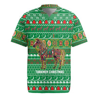 Turkmenistan Christmas Rugby Jersey with Decorated Horse Crescent Moon Pattern and Traditional Carpet - Wonder Print Shop