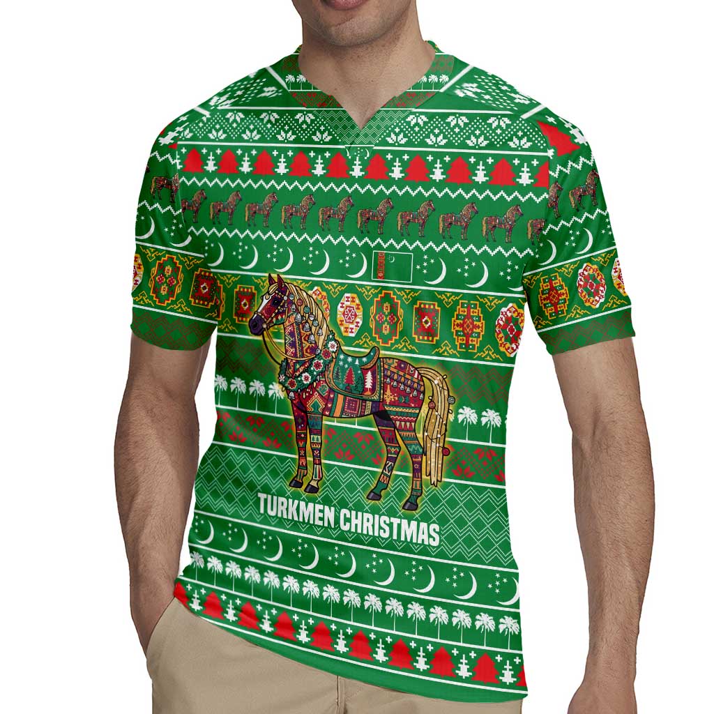Turkmenistan Christmas Rugby Jersey with Decorated Horse Crescent Moon Pattern and Traditional Carpet - Wonder Print Shop