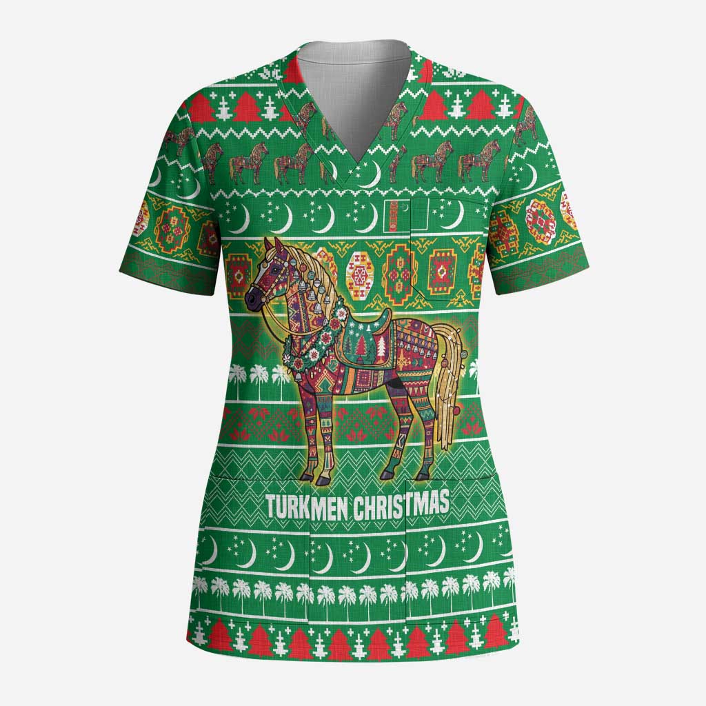 Turkmenistan Christmas Scrub Top with Decorated Horse Crescent Moon Pattern and Traditional Carpet - Wonder Print Shop