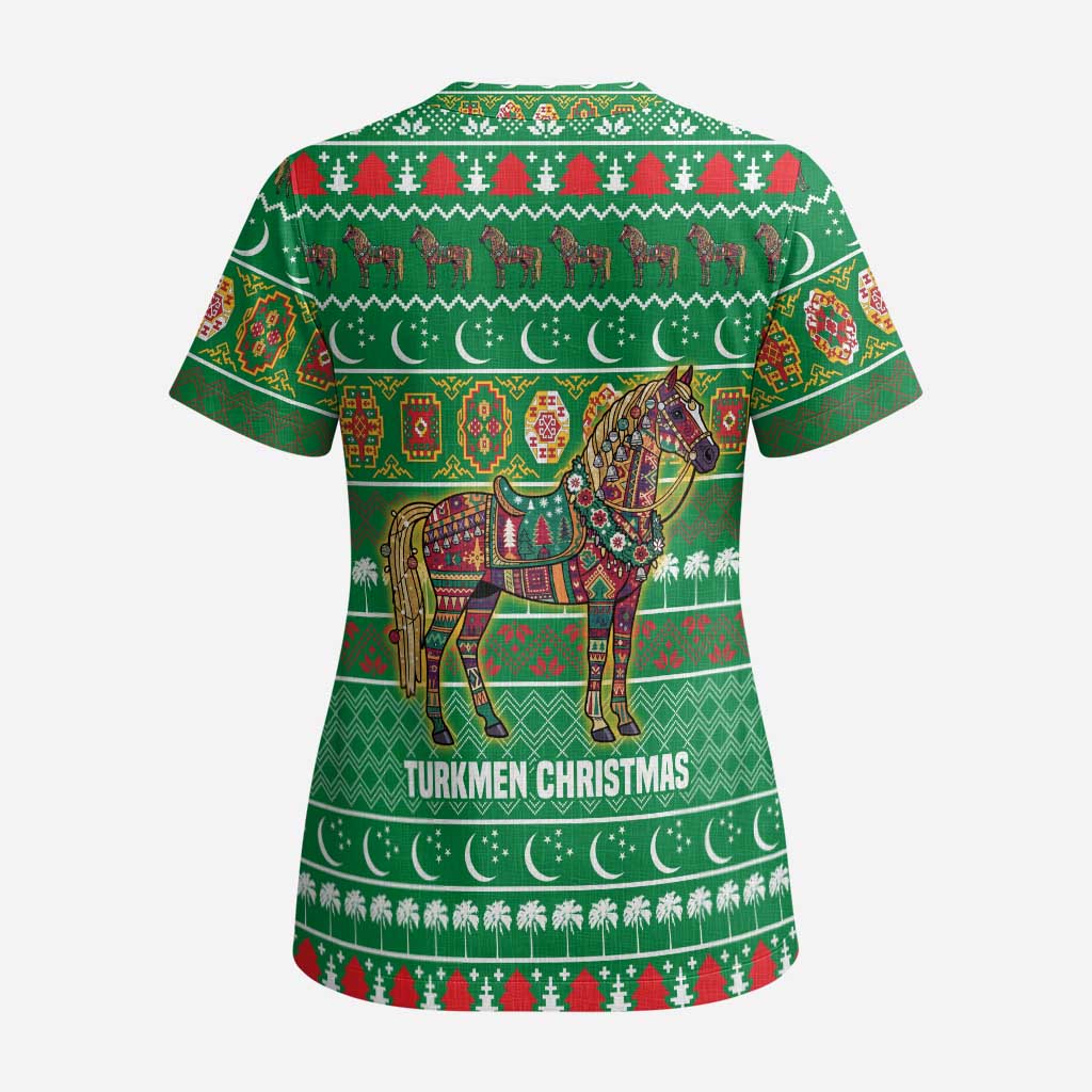 Turkmenistan Christmas Scrub Top with Decorated Horse Crescent Moon Pattern and Traditional Carpet - Wonder Print Shop