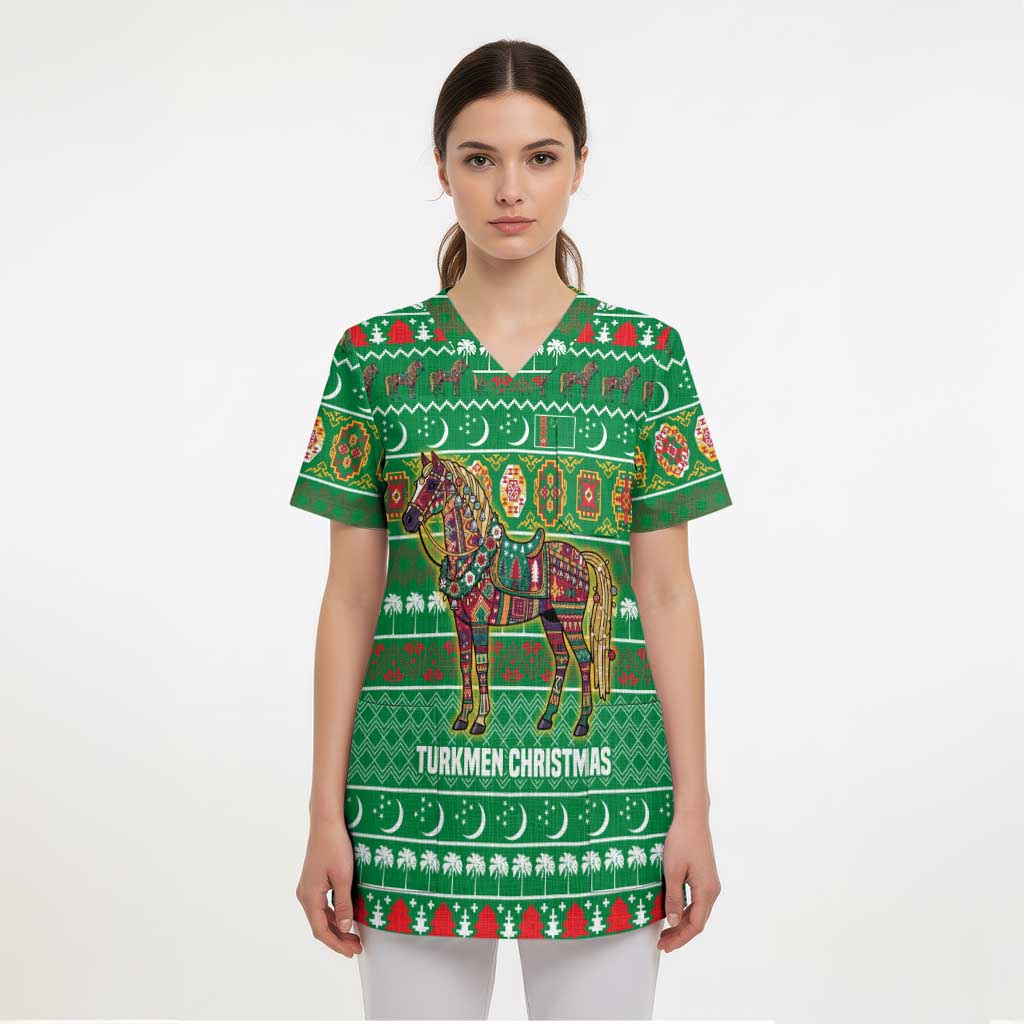 Turkmenistan Christmas Scrub Top with Decorated Horse Crescent Moon Pattern and Traditional Carpet - Wonder Print Shop