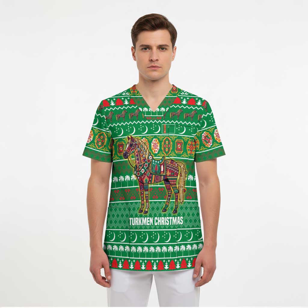 Turkmenistan Christmas Scrub Top with Decorated Horse Crescent Moon Pattern and Traditional Carpet - Wonder Print Shop