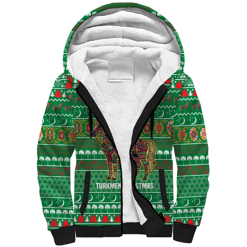 Turkmenistan Christmas Sherpa Hoodie with Decorated Horse Crescent Moon Pattern and Traditional Carpet - Wonder Print Shop