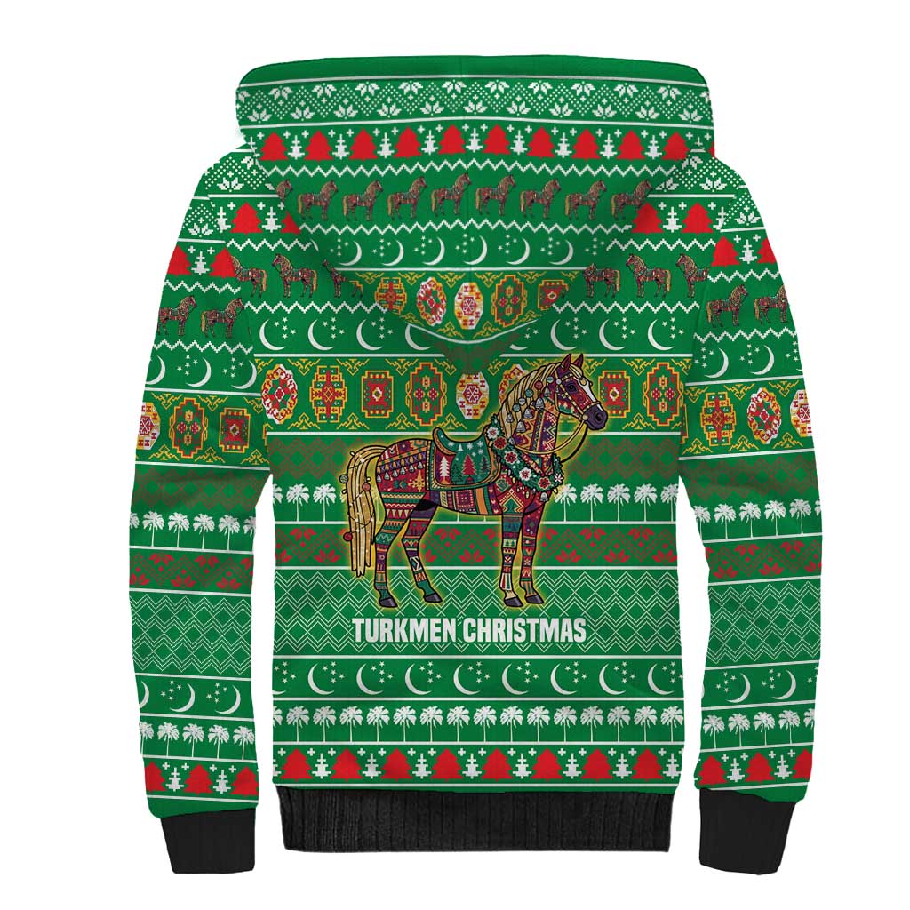 Turkmenistan Christmas Sherpa Hoodie with Decorated Horse Crescent Moon Pattern and Traditional Carpet - Wonder Print Shop