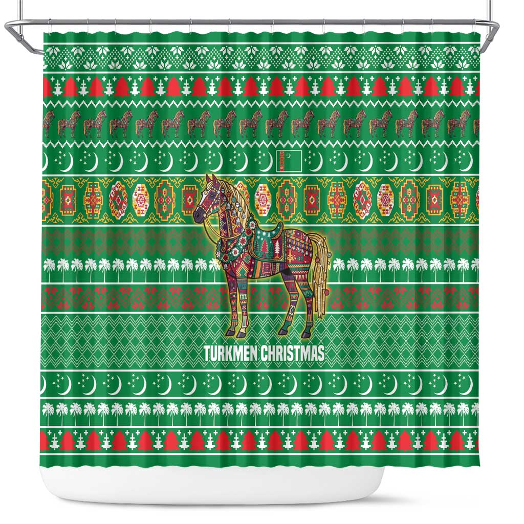 Turkmenistan Christmas Shower Curtain with Decorated Horse Crescent Moon Pattern and Traditional Carpet - Wonder Print Shop