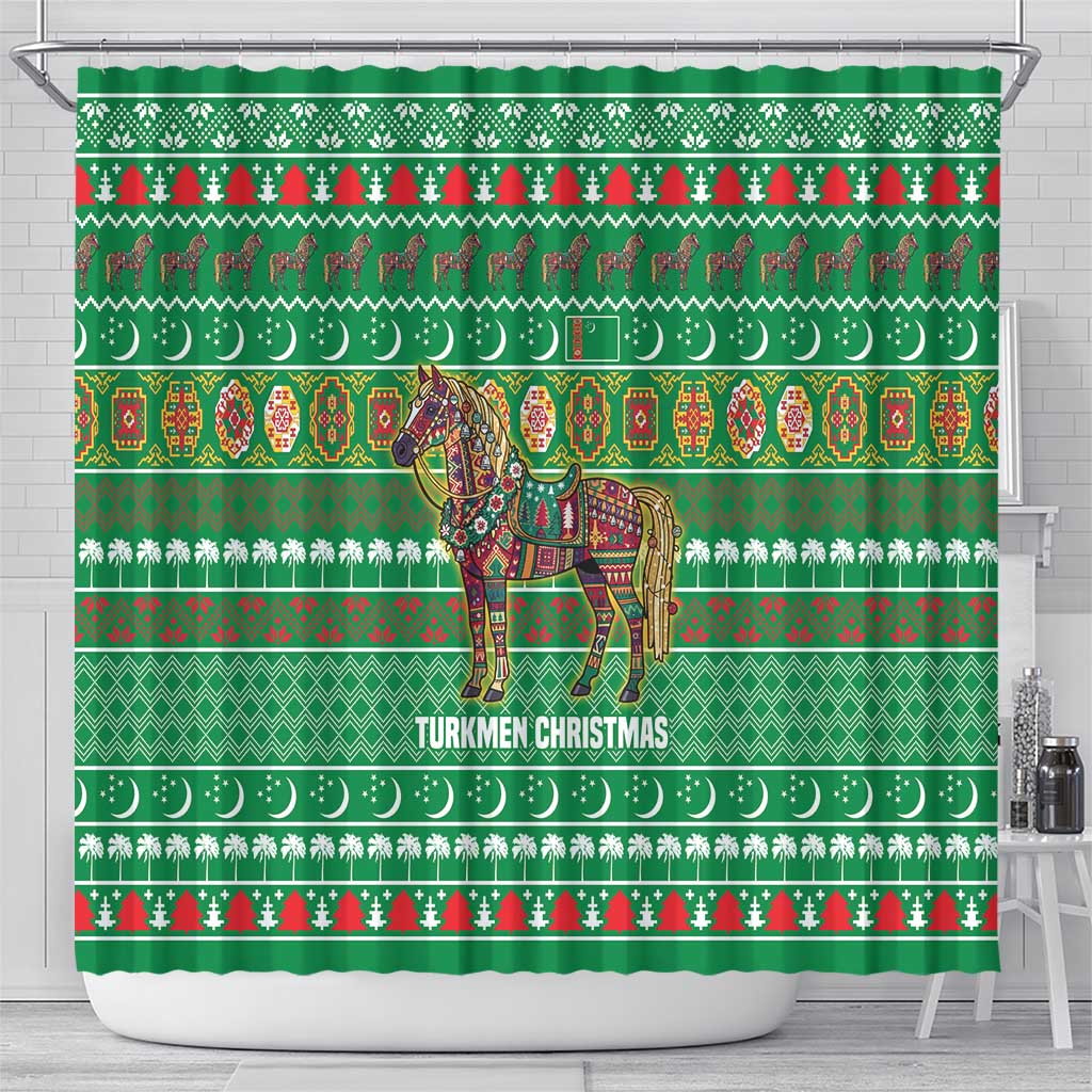 Turkmenistan Christmas Shower Curtain with Decorated Horse Crescent Moon Pattern and Traditional Carpet - Wonder Print Shop