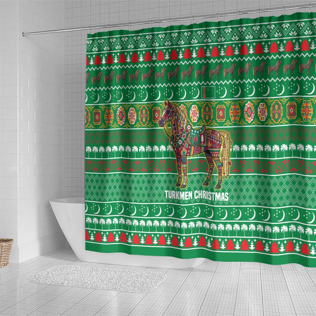 Turkmenistan Christmas Shower Curtain with Decorated Horse Crescent Moon Pattern and Traditional Carpet - Wonder Print Shop