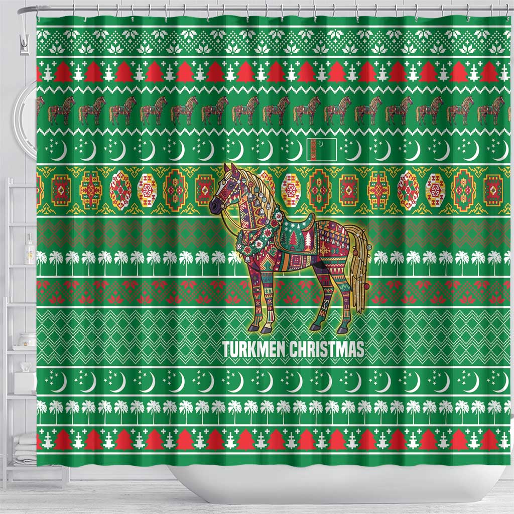 Turkmenistan Christmas Shower Curtain with Decorated Horse Crescent Moon Pattern and Traditional Carpet - Wonder Print Shop