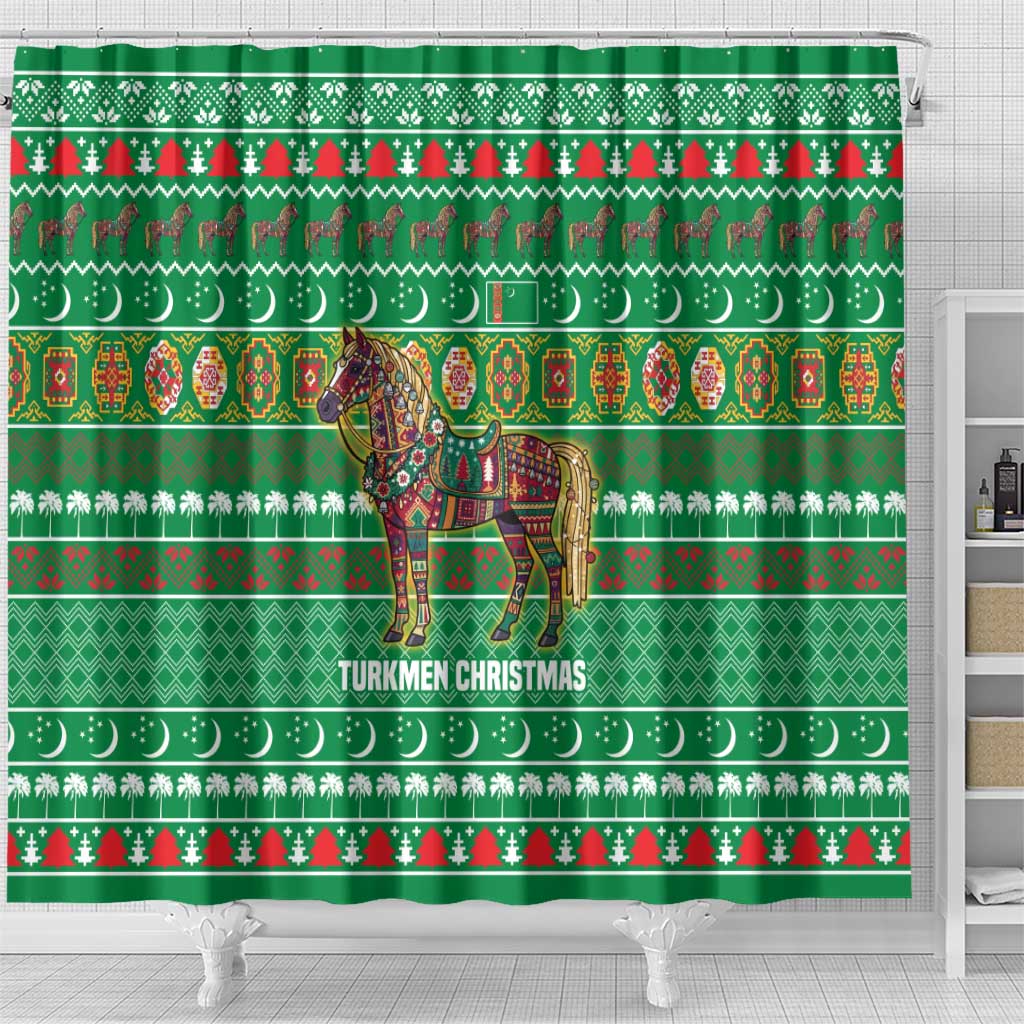 Turkmenistan Christmas Shower Curtain with Decorated Horse Crescent Moon Pattern and Traditional Carpet - Wonder Print Shop