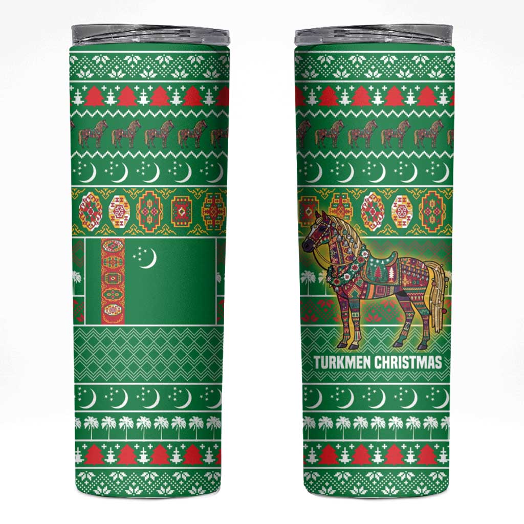Turkmenistan Christmas Skinny Tumbler with Decorated Horse Crescent Moon Pattern and Traditional Carpet - Wonder Print Shop