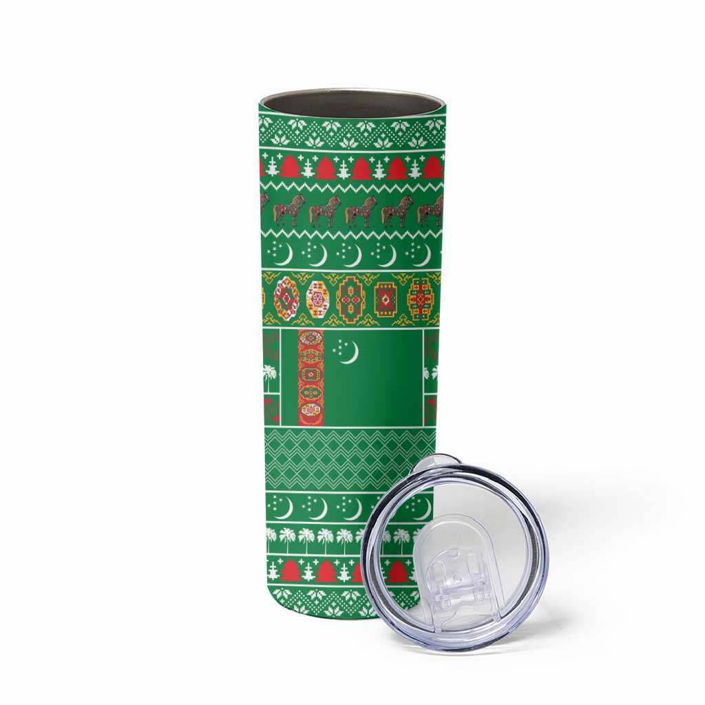Turkmenistan Christmas Skinny Tumbler with Decorated Horse Crescent Moon Pattern and Traditional Carpet - Wonder Print Shop